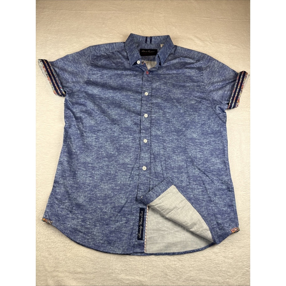 Robert Graham Shirt Men's Large Blue Button Up Short Sleeve Tailored Fit Cotton